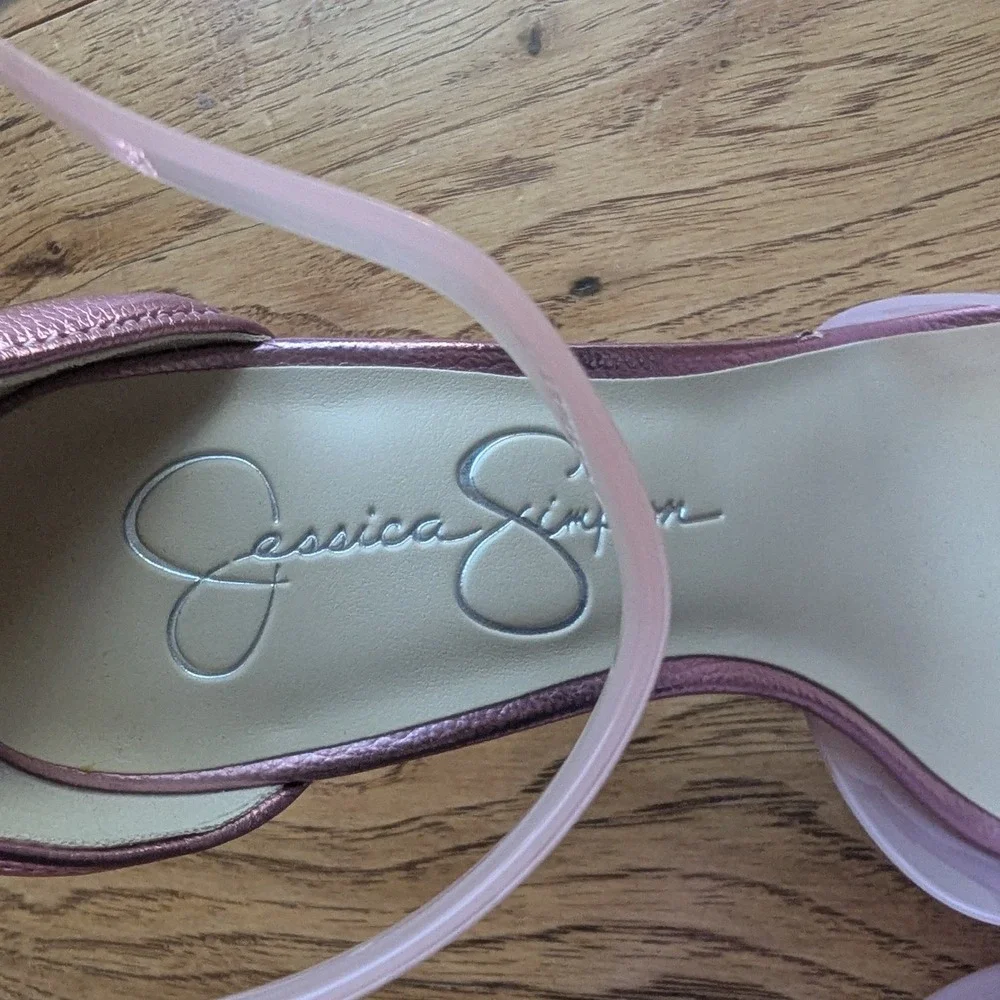 Jessica Simpson Wayri Sandals Metallic Pink‎ Clear Chain Strap Stiletto Heels 7M